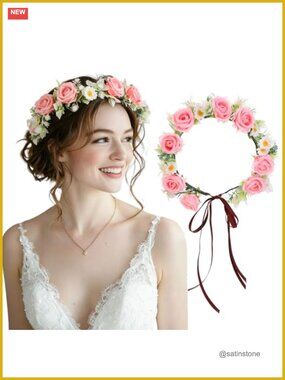 Pink Flower Crown Headband Floral Headpiece for Women Fairy Cosplay